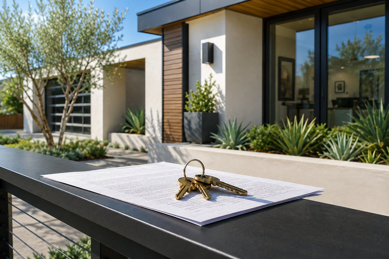 Keys and a signed contract outside a modern home